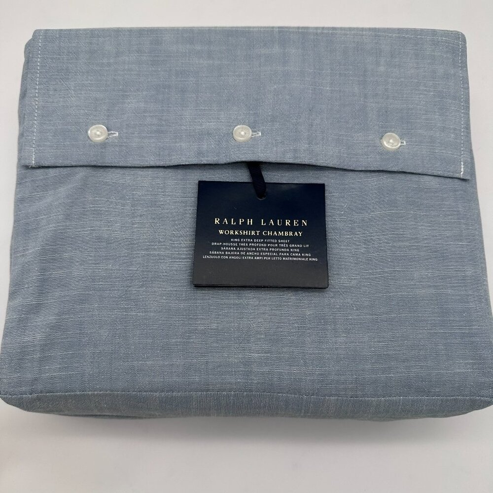 Ralph Lauren Workshirt Chambray Cotton King Size Extra Deep Fitted‎ Sheet, Blue